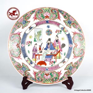 Vintage 26,5 cm chinesischer Porzellanteller, Rosa Family Stil, handbemalt und signiert