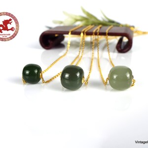 Natural green Jade and 18K gold pendants with 925 gold-plated silver chain. Minimalist Jade barrel bead with sterling silver necklace. image 5