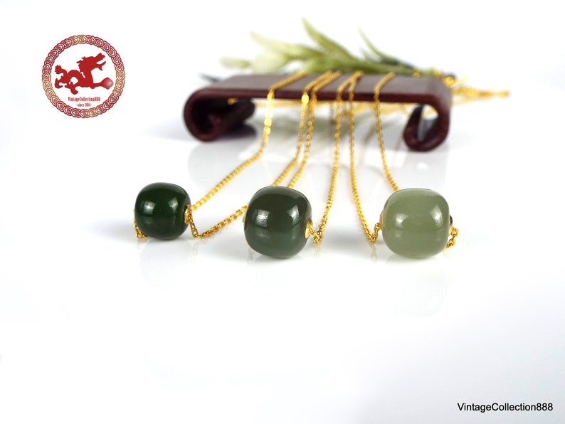 Natural green Jade and 18K gold pendants with 925 gold-plated silver chain. Minimalist Jade barrel bead with sterling silver necklace. image 5