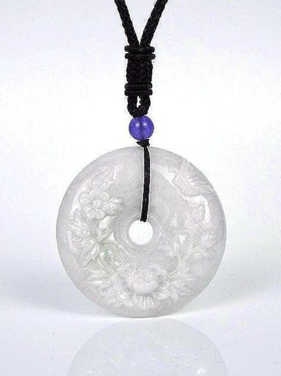 White Jade Disc Pendant 2"-5.2cm with Flowers and… - image 1