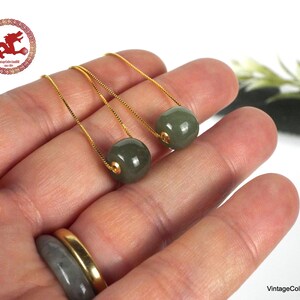 Natural green Jade and 18K gold pendants with 925 gold-plated silver chain. Minimalist Jade barrel bead with sterling silver necklace. image 10