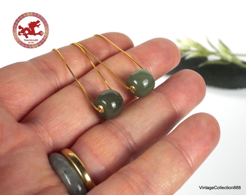 Natural green Jade and 18K gold pendants with 925 gold-plated silver chain. Minimalist Jade barrel bead with sterling silver necklace. image 10