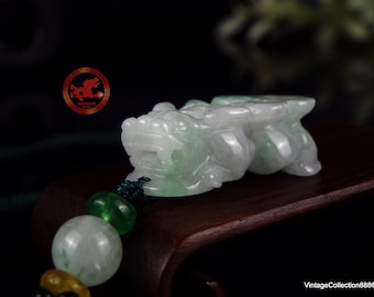 Pixiu white and green Jadeite Jade carving quality small pendant, Chinese amulet PiXiu 貔貅 Translucent Jade Pendant, Natural Jade Certified