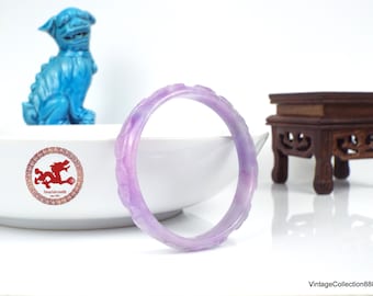 Carved Lavender Jadeite Jade Bangle 63mm-2.48", Jadeite Jade Bangle carved with Ruyis and flowers, lavender Jade carved bangle for woman