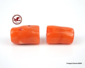 Large safron Red Coral Beads, set of 2 Red Coral Barrel Beads, Pierced Red Coral Beads, drilled red Coral bead of 38.45ct