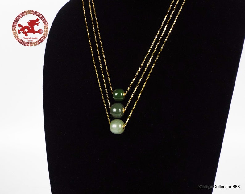 Natural green Jade and 18K gold pendants with 925 gold-plated silver chain. Minimalist Jade barrel bead with sterling silver necklace. image 6