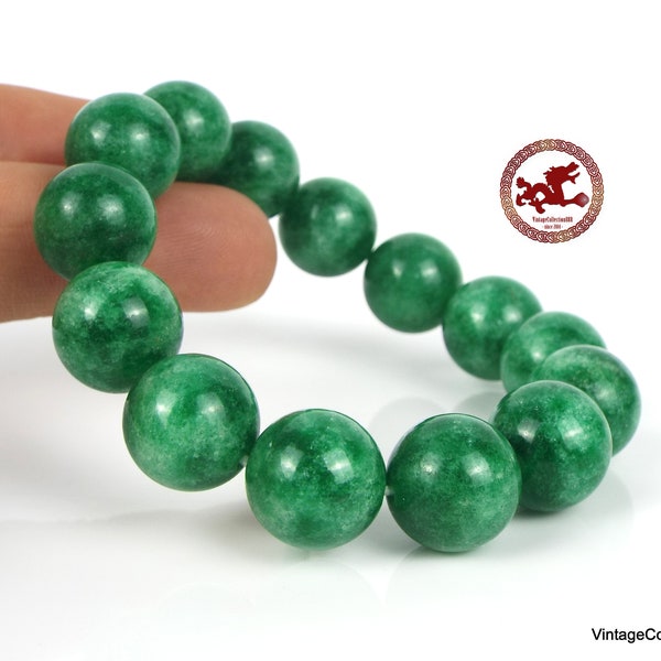 Apple Green Jade beaded Bracelet 14mm, Green Jadeite Jade bead stretch Bracelet, jade bangle for woman, Apple Green Jade beads