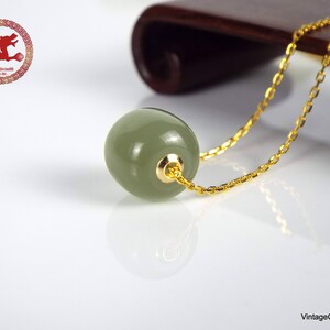 Natural green Jade and 18K gold pendants with 925 gold-plated silver chain. Minimalist Jade barrel bead with sterling silver necklace. image 2