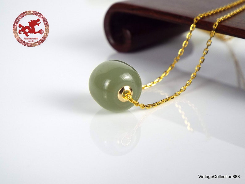 Natural green Jade and 18K gold pendants with 925 gold-plated silver chain. Minimalist Jade barrel bead with sterling silver necklace. image 2