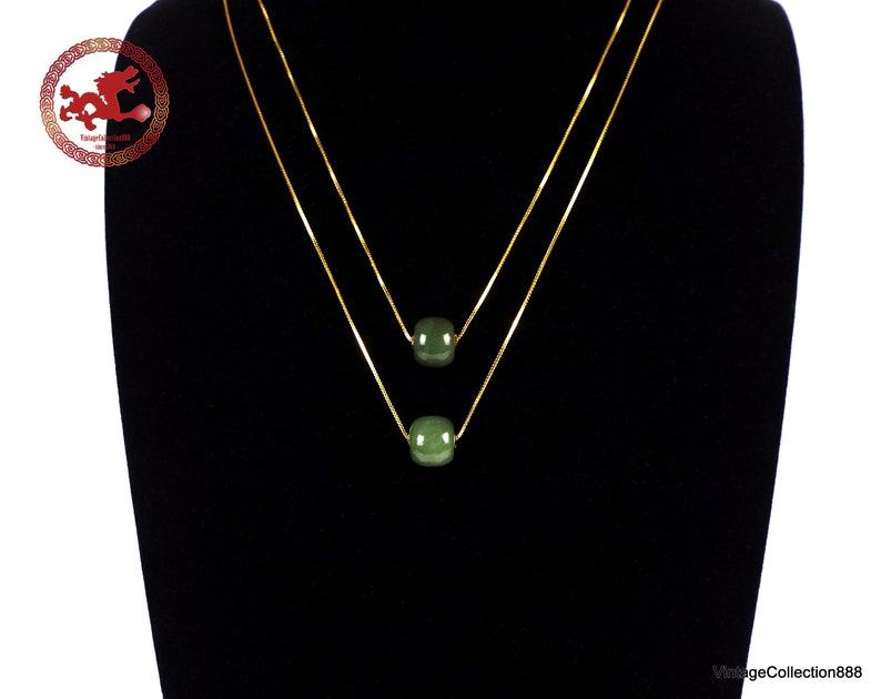 Natural green Jade and 18K gold pendants with 925 gold-plated silver chain. Minimalist Jade barrel bead with sterling silver necklace. image 9