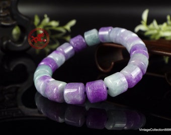 Lavender and Green Jade barrel beaded Bracelet 10mm, purple Jadeite Jade bead stretch Bracelet, bangle for woman or men, lavender Jade beads