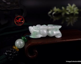 Pixiu white and green Jadeite Jade carving quality small pendant, Chinese amulet PiXiu 貔貅 Translucent Jade Pendant, Natural Jade Certified