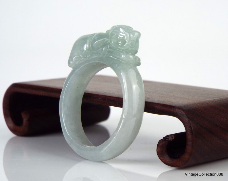 Pixiu Jade wide ring for women Natural Jadeite Jade Ring light Green with Certificate and Pixiu carved PiXiu Jade Ring US 8.75-18.8mm