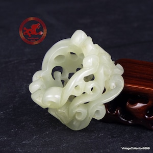 Old Chinese White Jade Ring US 13.5, Archer Jade Ring, Hollowed Thumb Nephrite Jade ring with floral motifs carved