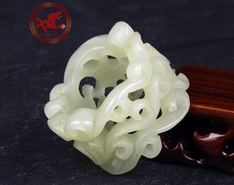 Old Chinese White Hetian Jade Ring US 13.5, Archer Hetian Jade Ring, Hollowed Thumb Hetian Nephrite Jade ring with floral motifs carved