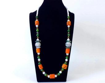 Jade and Coral Necklace, Necklace with Jadeite Jade and Nephrite Jade beads, 925 Silver and Fake Orange Glass Coral 68.5cm-27"