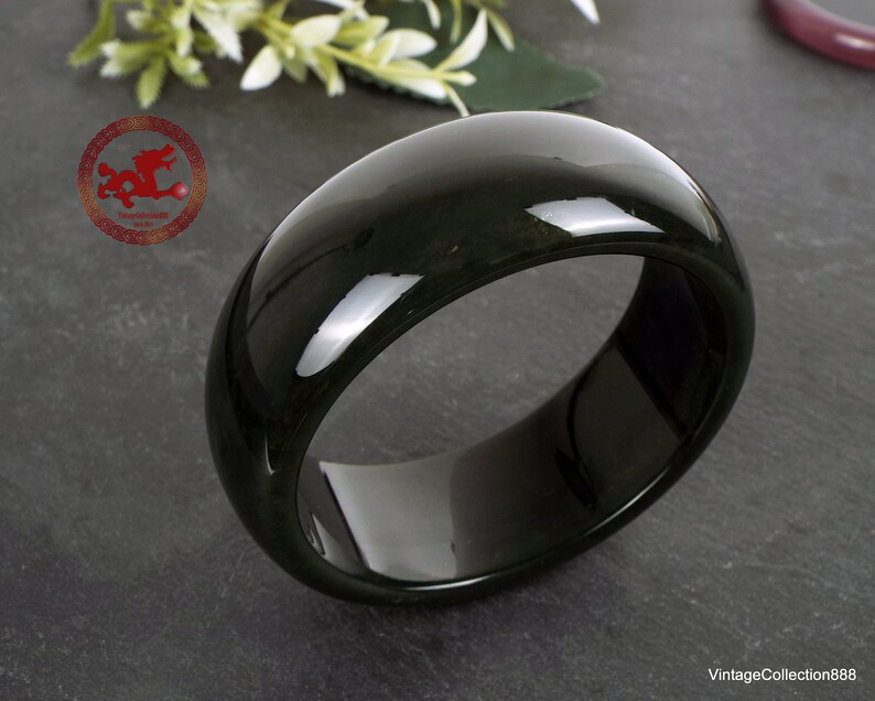 Dark Green Hetian Jade Bangle 62mm-2.44 extra wide 1, Green Black Hetian Nephrite Jade, Certified Natural Jade bangle for woman or man image 6