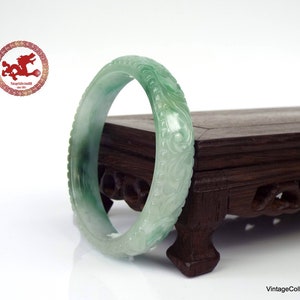 Carved Jadeite Jade Bangle 58.4mm - 2.29&quot;, translucent White and Green Jadeite Jade Bangle carved with flower and plants, bangle for woman