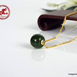 Natural green Jade and 18K gold pendants with 925 gold-plated silver chain. Minimalist Jade barrel bead with sterling silver necklace. image 3