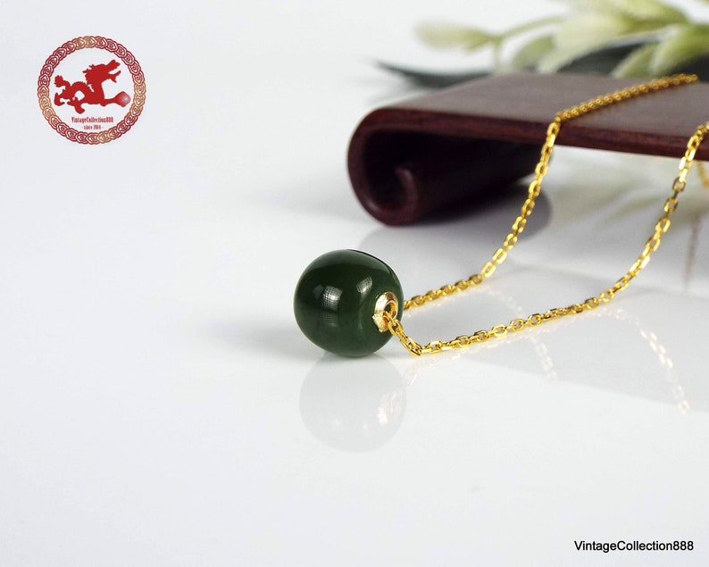 Natural green Jade and 18K gold pendants with 925 gold-plated silver chain. Minimalist Jade barrel bead with sterling silver necklace. image 3