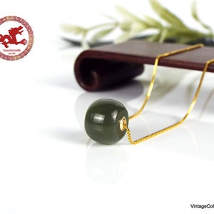 Natural green Jade and 18K gold pendants with 925 gold-plated silver chain. Minimalist Jade barrel bead with sterling silver necklace. image 7