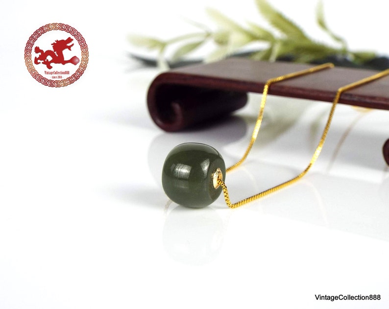 Natural green Jade and 18K gold pendants with 925 gold-plated silver chain. Minimalist Jade barrel bead with sterling silver necklace. image 7