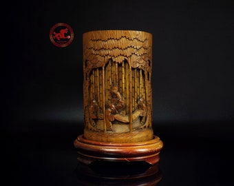 Antique Chinese Bamboo Brush Pot or Bitong 19th Cent., hand carved with elder mens playing board games in bamboo forest deep carved 7.4 "