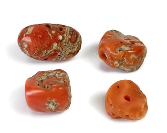 Lot 4 Antique Natural Red Coral Beads 66 Carats -13g, Old mined and drilled Red Coral beads, Natural untreated undyed polished Coral Beads