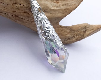 Silver Filagree AB Icicle Pendant, Crystal Fairy Necklace, Spike Jewelry, Silver Prism Pendant