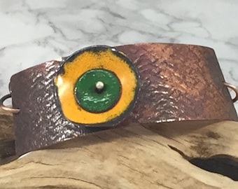 Textured Curved Antique Copper Rustic Bracelet with Enameled Accent, Artisan Forged Handmade Copper Jewelry, Orange and Green Enamel