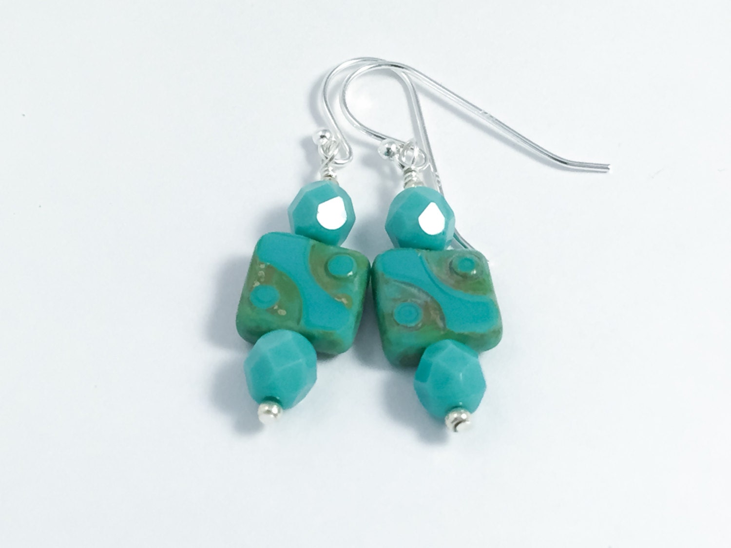 Turquoise Colored Czech Glass Earrings, Square Beaded Earrings