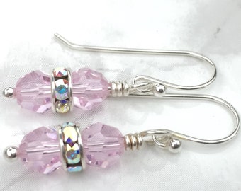 Pink Crystal Dangle Earrings, Swarovski Crystal and Sterling Silver Earrings, Pink Bridesmaids Jewelry, Bridesmaid Gift
