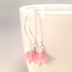 Pink Flower Earrings, Sterling Silver Pink Opal & Pearl Flower Bud Earrings, Bridal Jewelry, Spring Earrings, Pink Pearlescent Glass Flower