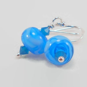 Blue Lampwork Earrings, Crystal Dangle Blue Swirl Handmade Earrings, Woman&#39;s Fashion Jewelry, Sterling Silver Blue Lampwork Beaded Earrings