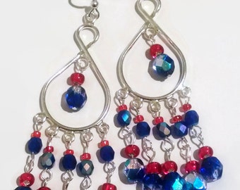 Patriotic Red Blue Chandelier Earrings Glass  Beaded Red and Blue Fire Czech Crystal  Dangling Chandelier Earrings Fish Hook Nickel Free