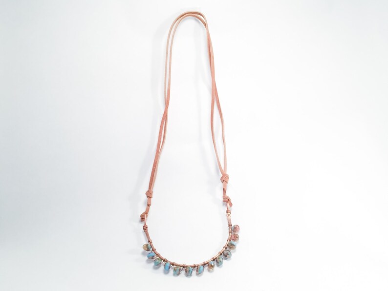 Curved Copper Bar Necklace, Wire Wrapped Beaded Necklace, Natural Soft
