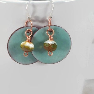 Enameled Earrings, Mint Green Enamel Earrings with Green Picasso Beads, Copper and Silver, Boho Enamel Earring, Simple Drop Earrings