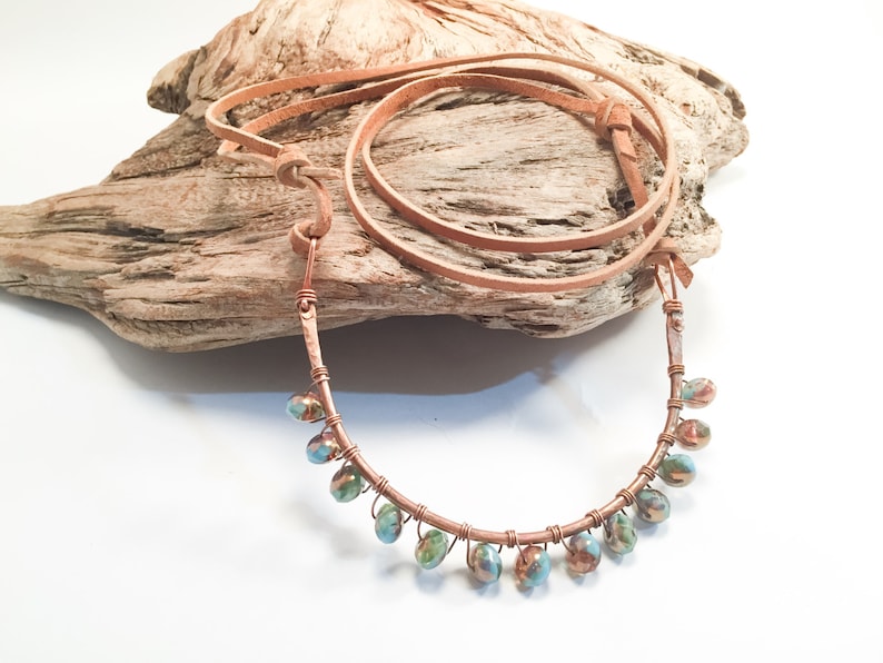 Curved Copper Bar Necklace, Wire Wrapped Beaded Necklace, Natural Soft