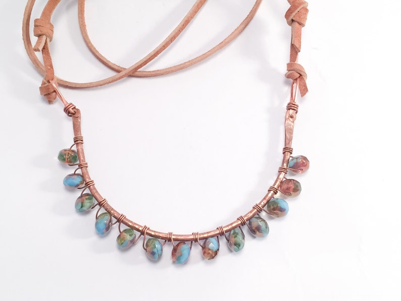 Curved Copper Bar Necklace, Wire Wrapped Beaded Necklace, Natural Soft