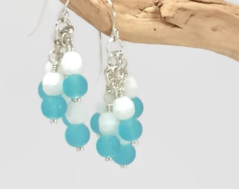 Aqua Sea Glass and White Fire Polished Beaded Cluster Sterling Silver Earrings, Cascading Beads Earrings, Blue and White Jewelry