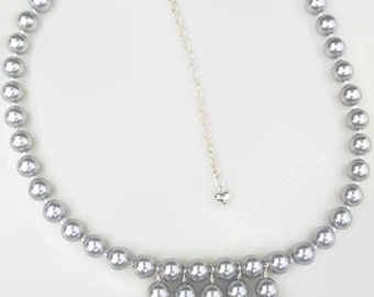 Silver Lavender Pearl Necklace,Swarovski Pearls, Wedding Pearl Choker, Crystal and Curved Pearl Dangles, Bridal Choker