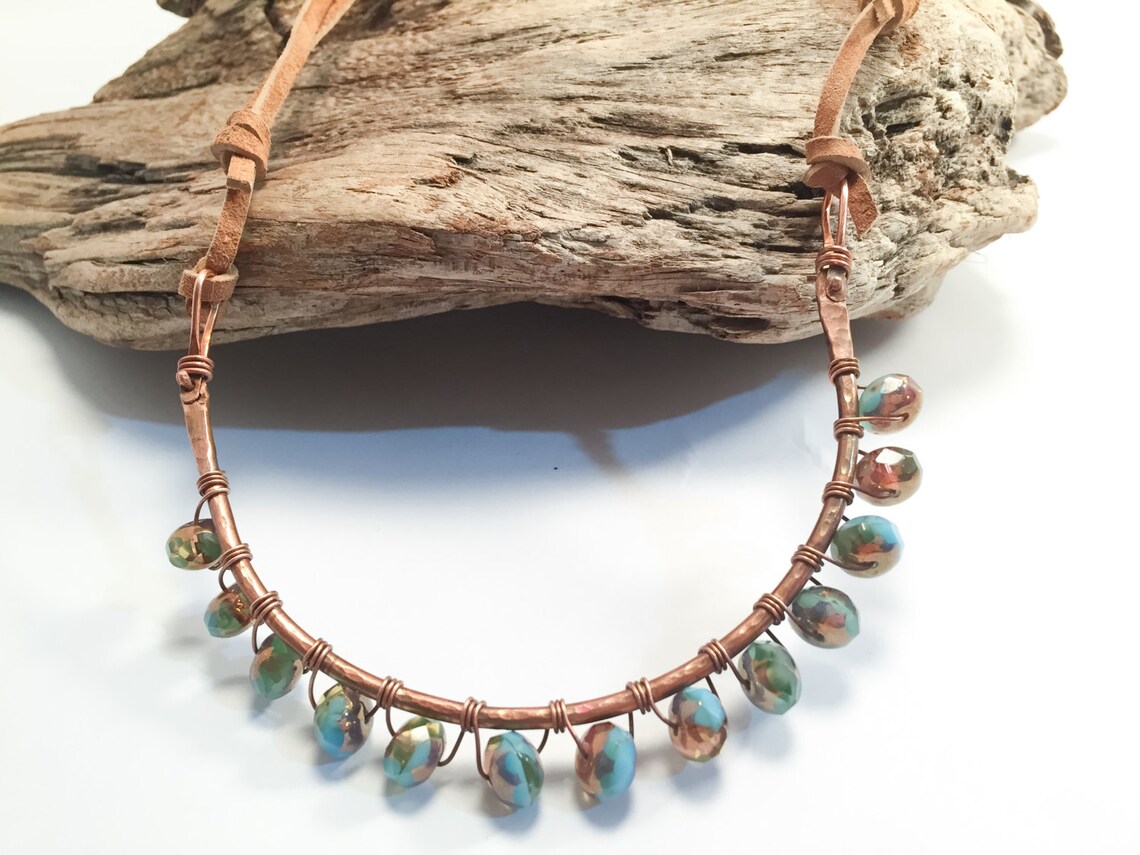 Curved Copper Bar Necklace, Wire Wrapped Beaded Necklace, Natural Soft