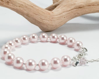 Rosa pulsera de perlas, regalo de la Dama de honor, joyería de la boda, clásica pulsera de la perla, joyería de la perla de cristal