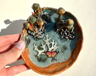 Mushroom Trinket Dish with resin encased butterfly