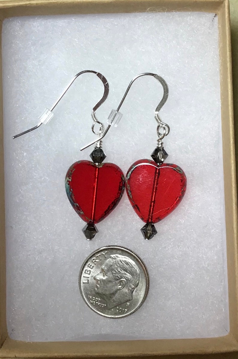 Red Garnet Glass Heart Earrings image 1