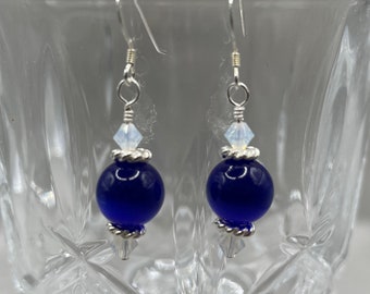 Blue and white opal earrings