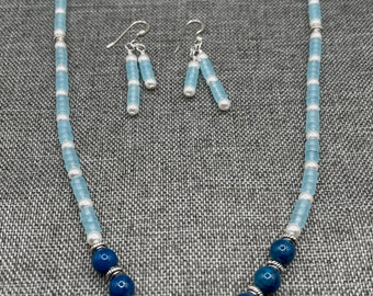 blue and white necklace and earrings set