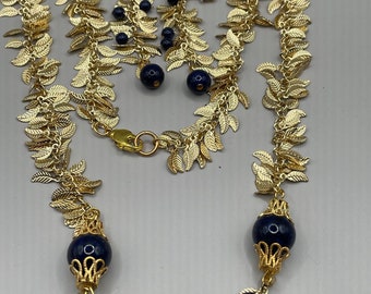 Blue stone and gold leaf chain necklace and earrings