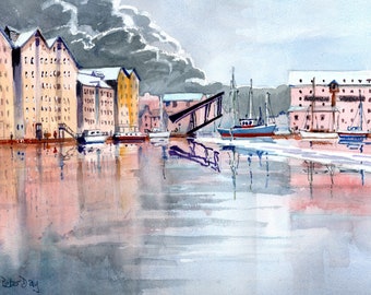 Gloucester Docks, Approaching Storm, Warehouses, Sea, Bridge & Boats