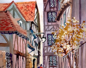 Rouen, Rue St.Romain. Medieval buildings, people, city, street.